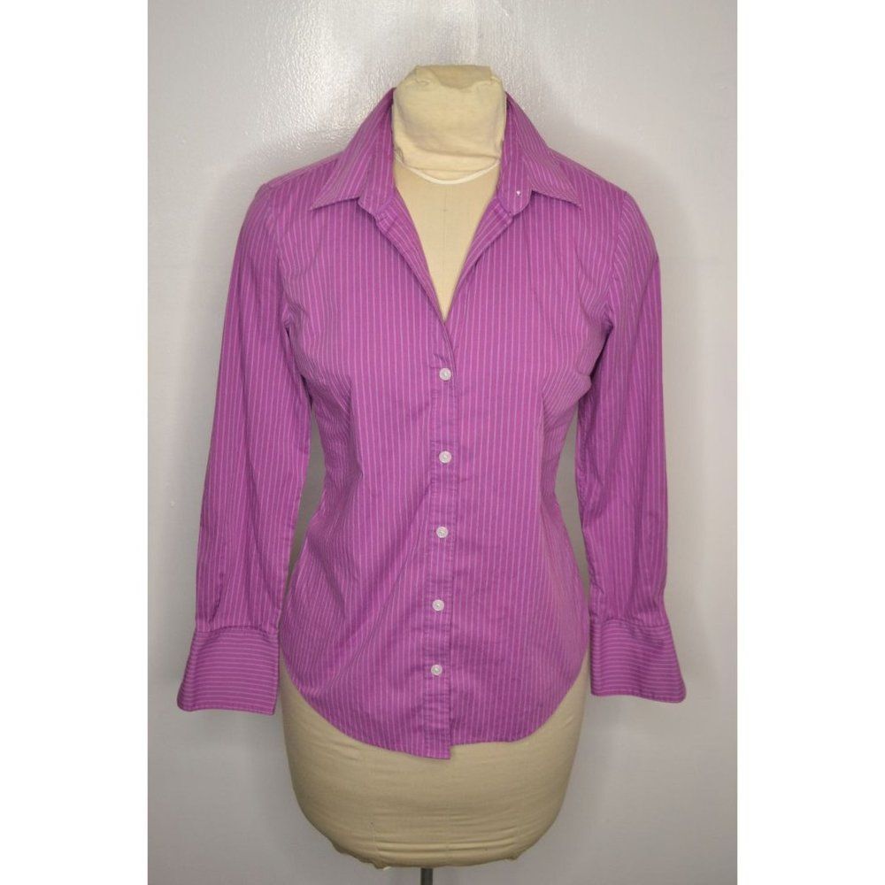 Calvin Klein Women's Small Fitted Purple Striped Button Down Shirt